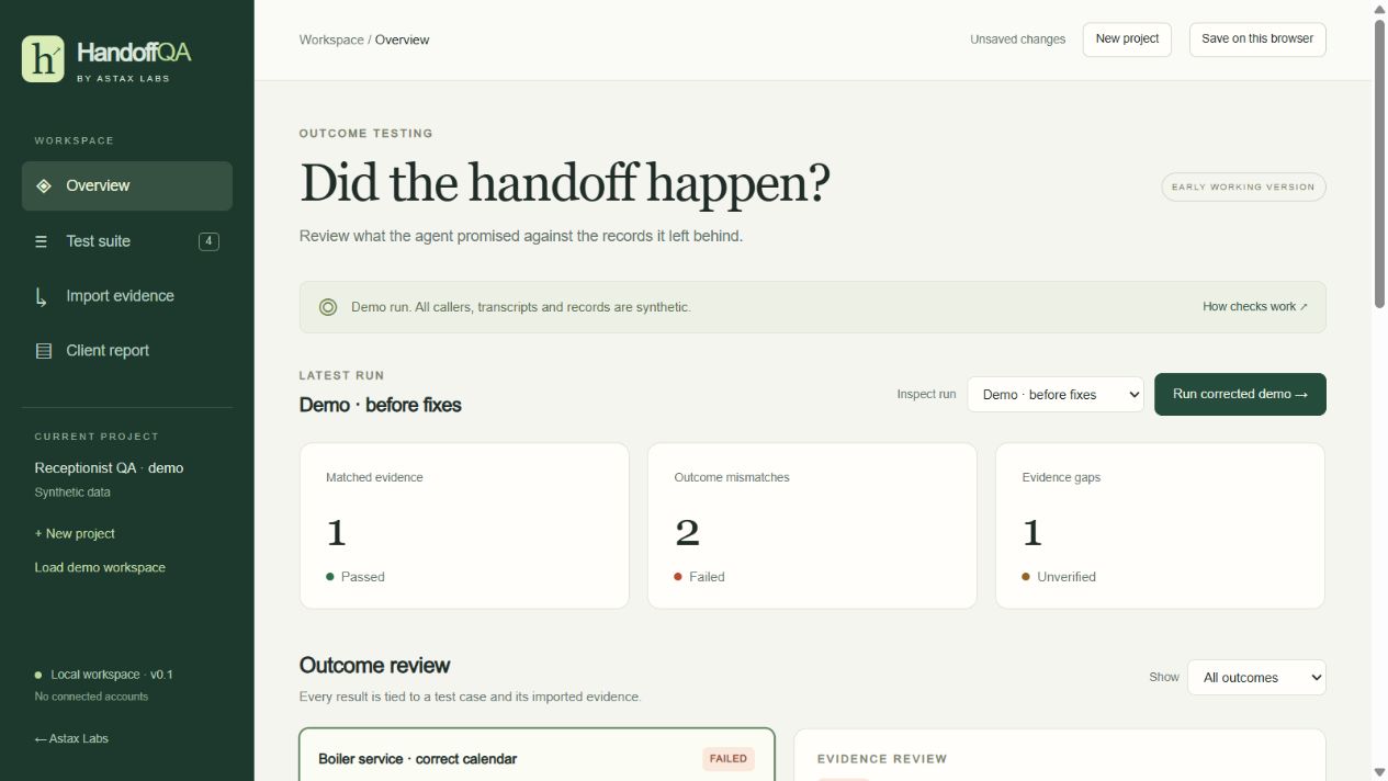 HandoffQA workspace with passed, failed and unverified evidence checks